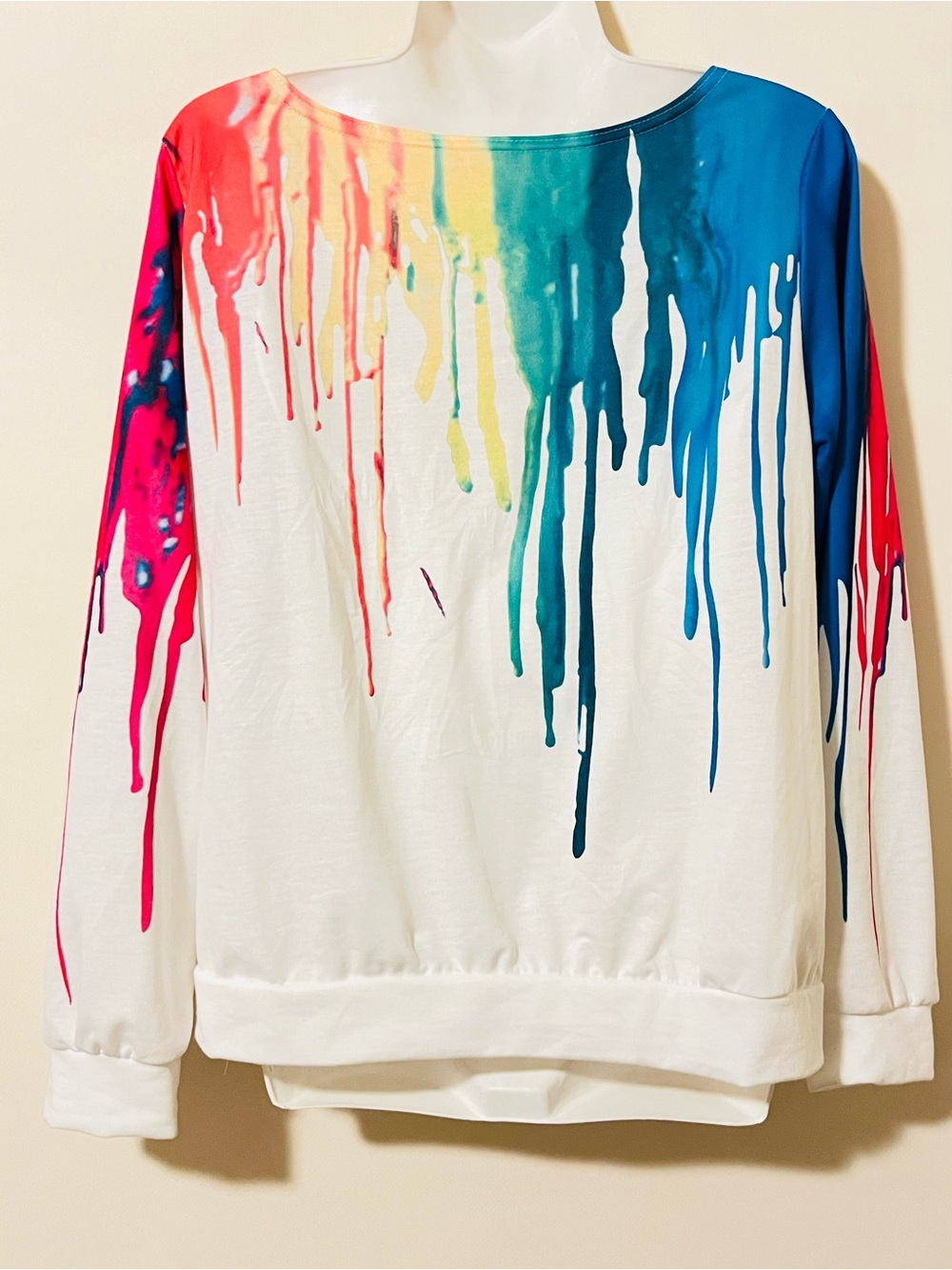 SHEIN White Long-Sleeve Paint Drip Sweatshirt with Multicolor Accents XL NWOT - Picture 5 of 6
